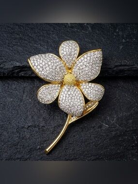 Vintage 60s Nettie Rosenstein Large Pavé Rhinestone Flower Gold Tone Brooch